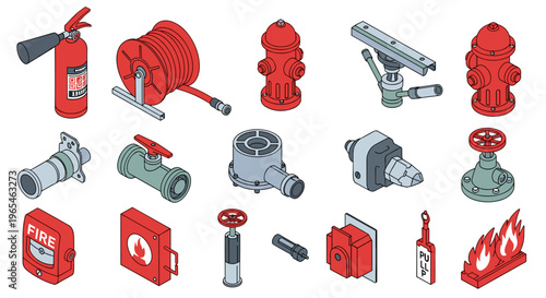 Comprehensive Fire Safety Equipment Collection Illustrates Emergency Preparedness Measures in Building Safety Systems, Showcasing Fire Extinguishers, Hydrants, Valves, and Alarms f.