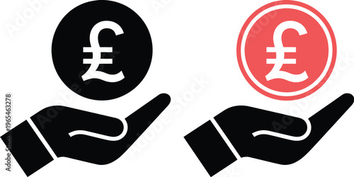 Hands, with British pound coins vector icon in modern style, representing money handling, finance, and currency transactions, clean modern flat design for banking, investment apps, websites, and user 