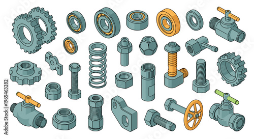 Isometric Metal Components Illustration Showcasing Valves, Gears, Bolts, and Bearings for Engineering, Manufacturing, and Mechanical Design Projects with a Technical Style and Blue.