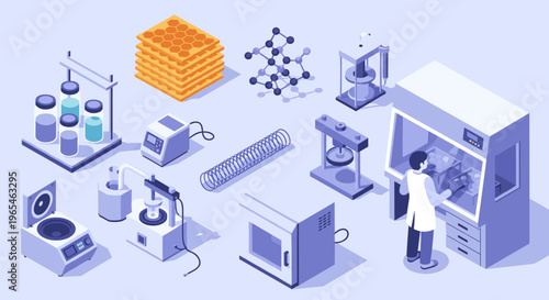 Isometric Research Lab with Scientist at Fume Hood Conducting Experiments, Featuring Chemistry, Biology, and Materials Science Equipment for Scientific Study in an Innovation Setti.
