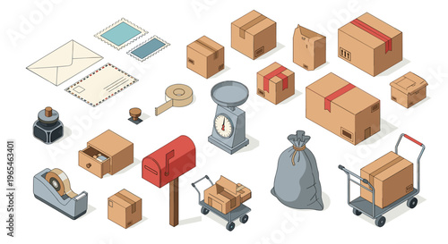 Isometric Post Office Collection, Including Boxes, Mail, Stamps, and Equipment, Depicts Shipping, Mailing, and Logistics for Business, Commerce, and Retail Operations, a Complete S.
