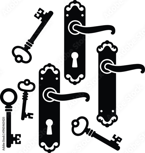 Vintage skeleton keys silhouette, ornate door handles vector, antique lock illustration, black design, security concept, mystery access, decorative hardware art