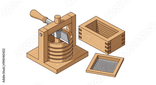 Traditional cheese press for home dairy making demonstrates the art of crafting artisanal cheeses, offering a rustic illustration of food production, farmhouse hobbies, and culinar.