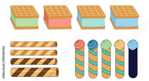 Sweet Ice Cream Treats Illustration featuring colorful sandwich cookies and wafer rolls for summer dessert menus, kid-friendly confectionery designs and delicious snack advertising.