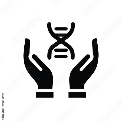 A minimalist icon depicting cupped hands gently holding a DNA double helix, symbolizing genetic research and biological protection