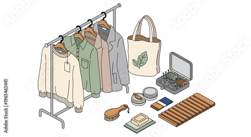 Sustainable Wardrobe Featuring an Eco-Friendly Clothing Rack, Tote Bag, and Repair Kit Promotes Conscious Consumption and a Circular Fashion System in a Modern, Minimalist Aestheti.