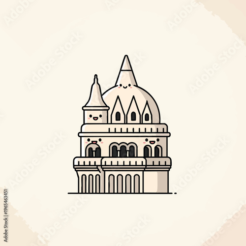 An illustrated depiction of a smiling architectural structure with domed roof, arches, and stylized embellishments. It has a cheerful design