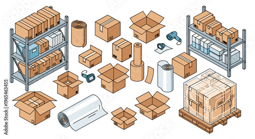 Isometric boxes and packaging materials represent the storage of goods in a warehouse for efficient distribution and shipping, showing inventory management, supply chain logistics,.