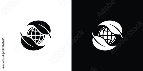 Black and white globe with leaves on white and black background earth