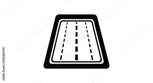 A stark black graphic depicts a rectangular road with lane markings presented as a bold silhouette high quality