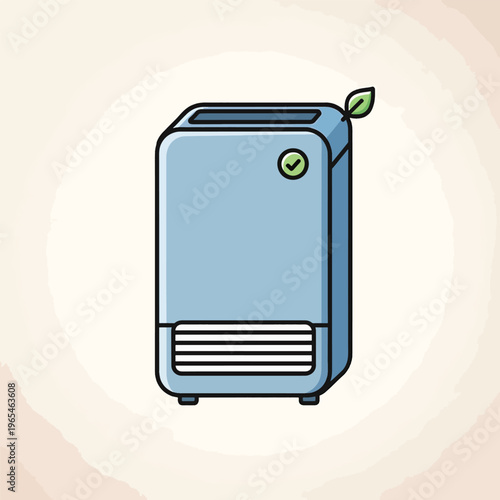 An illustration depicts a stylized air purifier, light blue in color, with a leaf, checkmark, and horizontal slats. It has a rounded beige background