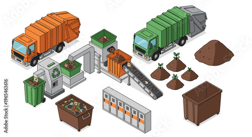 Garbage Recycling and Waste Management Plant with Trucks for Resource Recovery, Composting, and Sustainable Development featuring Organic Materials, Conveyor Belts and Collection,.
