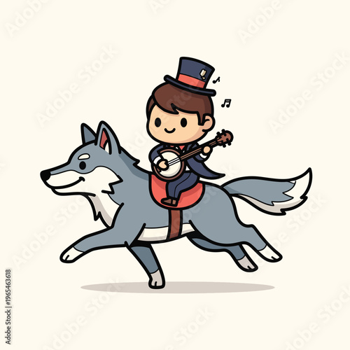 Cartoon-style illustration of a person in a suit playing a banjo while riding a wolf, wearing a top hat. Running animation