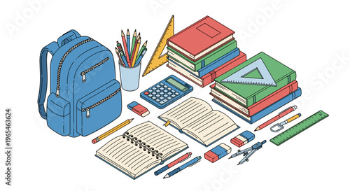 Education Essentials: Colorful school supplies including backpack, books, open notebooks, calculator, pencil cup, rulers are ready for learning and academic success in classrooms.