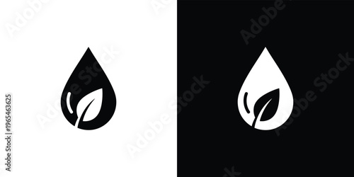 Black and white leafy waterdrop on split background symbol