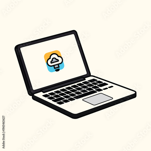 Illustration of an open laptop, screen displaying a cloud icon, keyboard and trackpad detail, on a light cream background