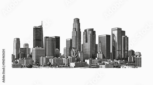 A detailed black and white illustration of a dense urban skyline filled with numerous skyscrapers of varying heights and architectural styles.