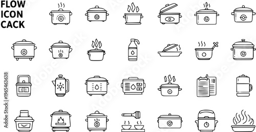 Collection of Line Art Icons: Slow Cookers, Rice Cookers, and Kitchen Appliances