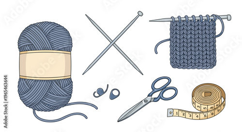 Knitting Essentials Lay Flat Illustration: A yarn ball, needles, scissors, measuring tape, and stitch markers suggest creative crafting, hobby projects, and handmade gifts for desi.