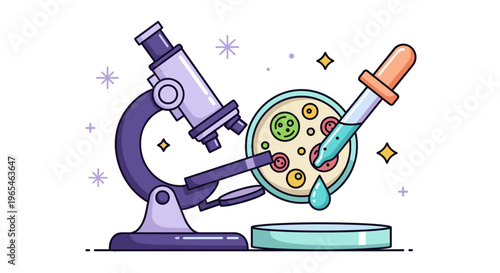 Microbiology Research: Cartoon Microscope Analyzing Microorganisms in Petri Dish with Pipette, Emphasizing Scientific Exploration, Education, and Biomedical Research in a Modern La.