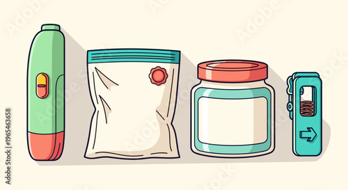 Vibrant Food Storage Essentials Illustration Showcasing Preservation Techniques for Kitchen Organization, Including Vacuum Sealer, Zip Bags, Food Container, and Bag Sealer for Food.