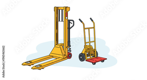 Yellow Pallet Jack and Hand Truck for Warehouse Material Handling, Inventory Distribution and Logistics Operations Support, Representing Industrial Equipment and Delivery Tools.