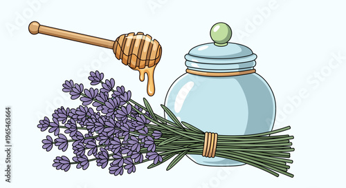 Lavender honey illustration showcases natural sweetness with an aromatic floral arrangement in a still life, representing wellness, herbal medicine, aromatherapy, and homemade good.