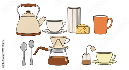 Cozy Tea Time Still Life Featuring Kettle, Coffee Pour Over, and Teacups Provides a Relaxing Aesthetic for Cafe Marketing, Beverage Illustration, or Kitchen Decor Projects at Home,.