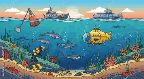Cartoon Diver Exploring Underwater Scene with Submarines, Sharks, Dolphins, and Colorful Coral Reefs, Discovering Marine Life in a Vibrant Ocean Landscape for Educational and Recre.