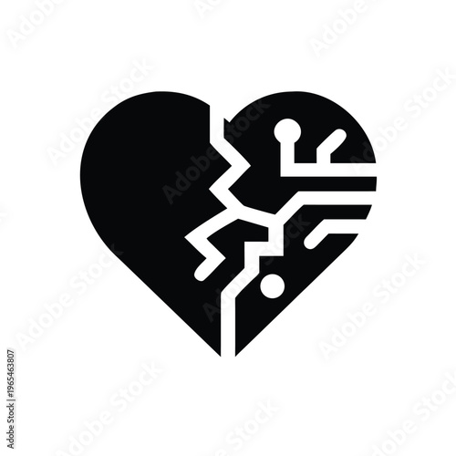 Abstract symbol of a broken heart intricately fused with digital circuit patterns, representing emotional vulnerability in the tech era