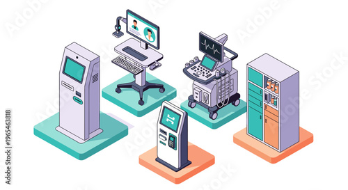 Modern Medical Technology Equipment Scene Illustrates Healthcare Services with Isometric Hospital Kiosk, Ultrasound Scanner, and Storage Unit, Representing Clinic Digitalization.