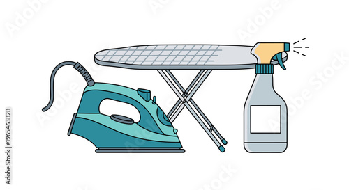 Teal Iron, Spray Bottle, and Ironing Board: Essential Laundry Tools for Crisp Clothes, Housekeeping, and Garment Care; Perfect for Home Organization and a Neat Wardrobe, Stylized I.