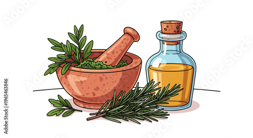 Herbal Remedy Preparation: Mortar and Pestle Grinding Fresh Herbs with Essential Oil Bottle for Aromatherapy, Wellness, Skincare, Alternative Medicine, and Holistic Treatment in Na.