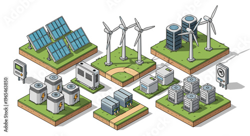 Renewable Energy Microgrid System: Isometric Illustration of Solar Panels, Wind Turbines, and Battery Storage Powering Sustainable Energy Production for Eco-Friendly Smart City Dev.
