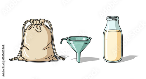 Homemade alternative plant milk production with a cotton bag, funnel and a glass bottle for nutritious vegan beverage creation at home, promoting healthy lifestyle and natural food.