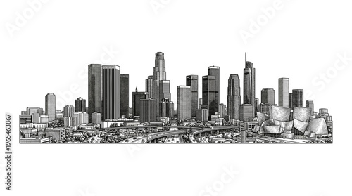 A detailed black and white panoramic illustration of the Los Angeles skyline, showcasing numerous skyscrapers and architectural landmarks.