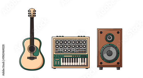 Musical instruments illustration showcases an acoustic guitar, synthesizer, and loudspeaker, creating a harmonious audio design for music production, performance, creative expressi.