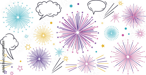 Bild auf Leinwand Colorful Fireworks Burst Vector Set with Speech Bubbles Stars and Celebration El