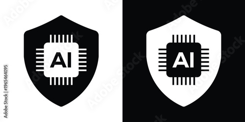 Vector icon of an AI chip inside a protective shield. Represents artificial intelligence security, data protection, cyber safety, and smart encryption technology in a minimalist style.