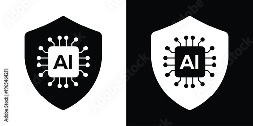 Vector icon of an AI chip inside a protective shield. Represents artificial intelligence security, data protection, cyber safety, and smart encryption technology in a minimalist style.