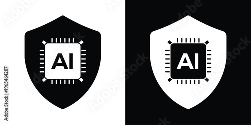 Vector icon of an AI chip inside a protective shield. Represents artificial intelligence security, data protection, cyber safety, and smart encryption technology in a minimalist style.
