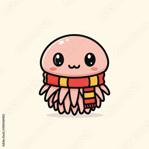 Adorable cartoon jellyfish with a round head, rosy cheeks, and big, black eyes. It wears a colorful striped scarf