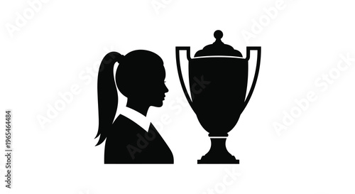 A striking black silhouette depicts a woman gazing at a large trophy symbolizing success and achievement silhouette