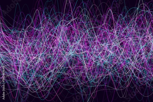 Photography Abstract Neon Waves Background, Purple Pink Glowing Lines, Energy Frequency Text