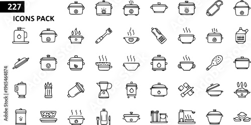 Kitchen Appliance Icons Pack: Cooking Pots, Slow Cookers, Food Steamers, Mixers, and Utensils
