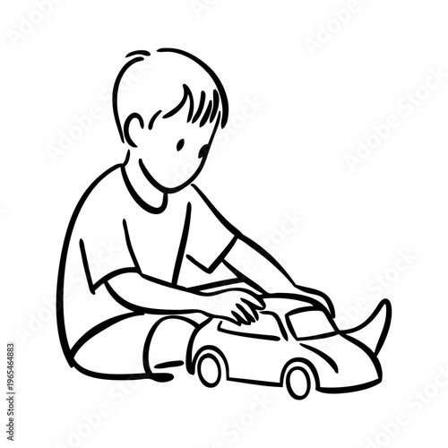 Dibujo sencillo con líneas de un niño jugando con un coche de juguete