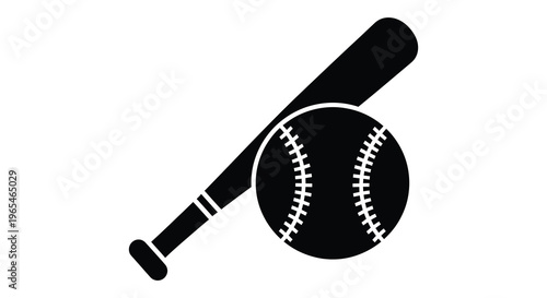 A striking black silhouette depicts a baseball bat crossed diagonally over a baseball showcasing athletic equipment silhouette