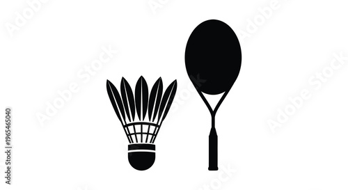 A simple graphic depicts a badminton shuttlecock and racket in stark contrast presented as a silhouette high quality
