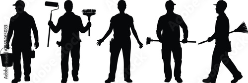 Cleaning worker silhouettes with bucket roller brush rake janitor men vector illustration isolated professional maintenance labor characters set collection