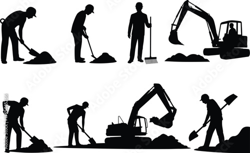 Construction worker and excavator silhouettes set digging shovel rake labor black figures vector illustration collection isolated industry activity